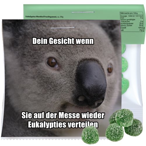 Eucalyptus menthol fruit gummy drops with gelatine, ca. 30g, express maxi bag with promotional flyer