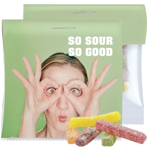 Sour fruit gummy sticks, ca. 30g, express maxi bag with promotional flyer
