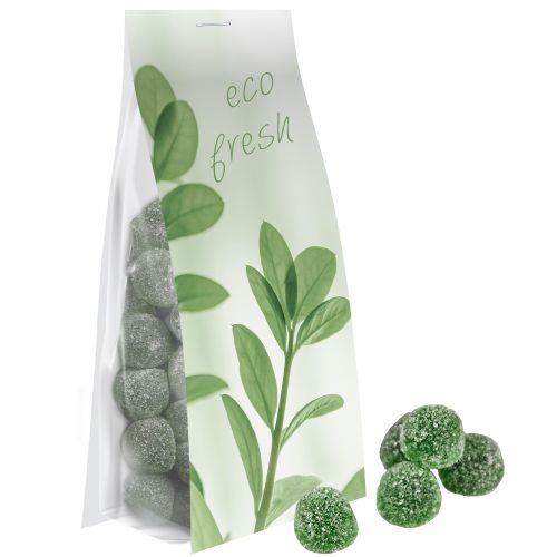 Eucalyptus menthol fruit gummy drops with gelatine, ca. 40g, express pouch with promotional flyer