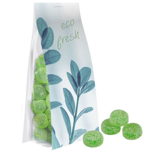 Eucalyptus menthol fruit gummy drops withou gelatine, ca. 40g, express pouch with promotional flyer