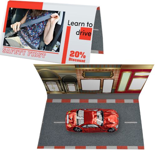 Chocolate car mix, ca. 13g, express promotional card folded with print