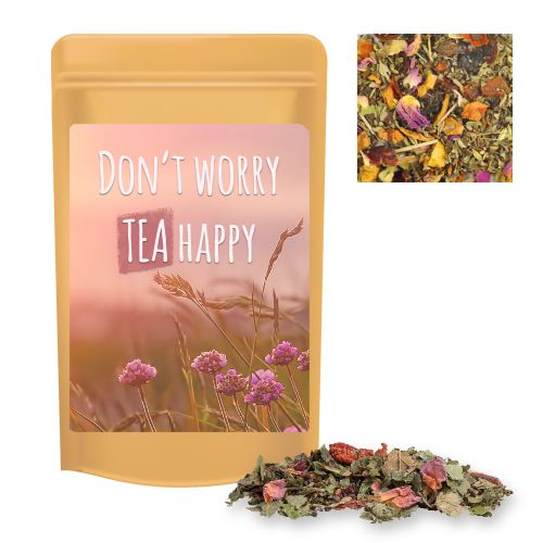 Organic herbal tea happiness, ca. 15g, mini stand up pouch with label