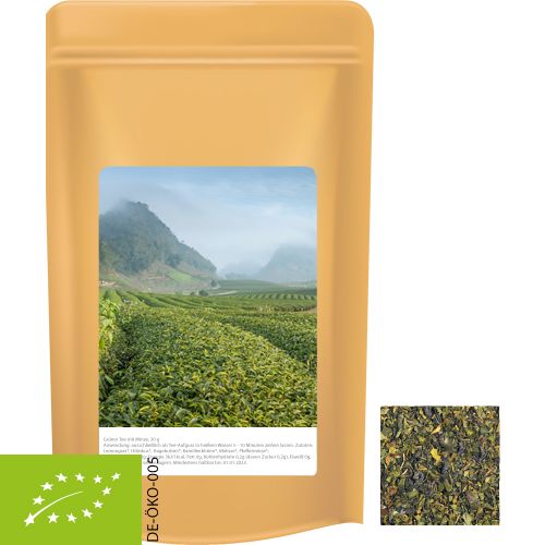 Organic green tea with mint, ca. 30g, midi stand up pouch with label