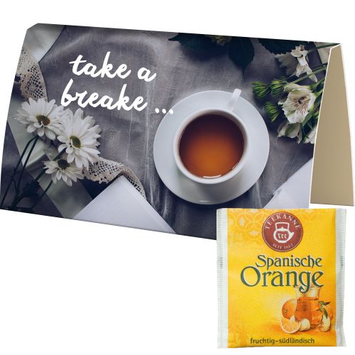 Bag of tea Spanish orange, ca. 2,5g, express promotional card A6 folded with print