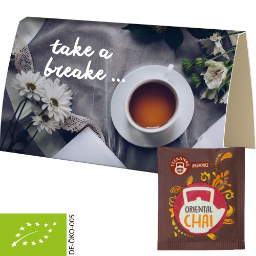 Organic bag of tea Oriental Chai, ca. 1,8g, express promotional card A6 folded with print