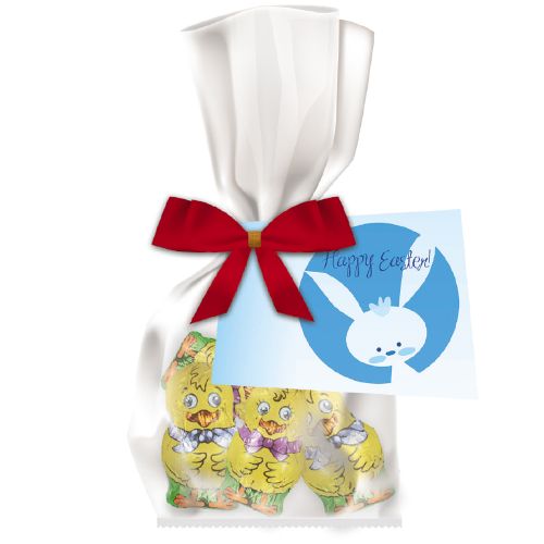 Chocolate chicken mix, ca. 24g, express flat bag with bow with advertising card