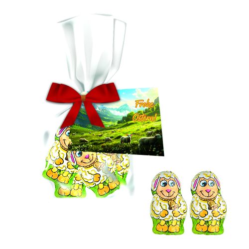 Chocolate lamb, ca. 24g, express flat bag with bow with advertising card