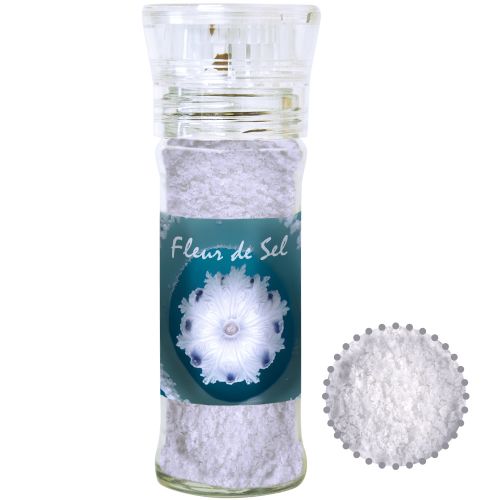 Fleur de Sel, ca. 40g, transparent spice mill with label