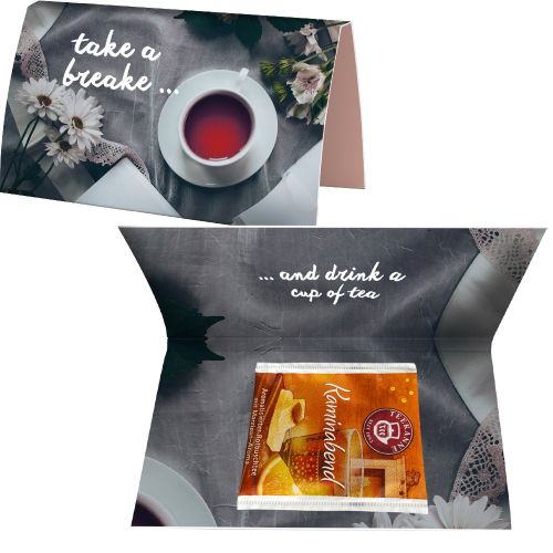 Tea bag fireplace evening, ca. 2g, express promotional card A6 folded with print