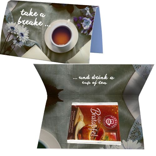 Tea bag baked apple, ca. 2,5g, express promotional card A6 folded with print