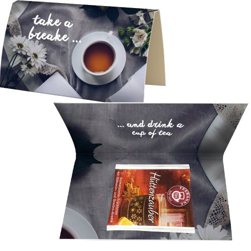 Tea bag cabin fever, ca. 2,5g, express promotional card A6 folded with print
