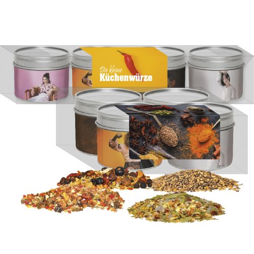 Various Christmas spice mixture, ca. 190g, 4-set metal tin with window with label