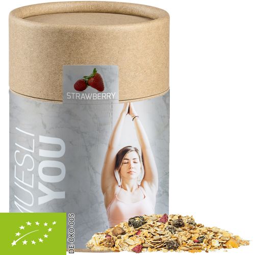 Organic muesli strawberry, ca. 60g, cardboard can midi with label