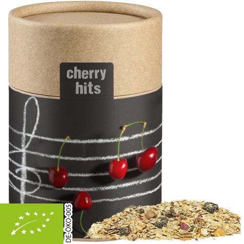 Organic muesli sour cherry, ca. 60g, cardboard can midi with label
