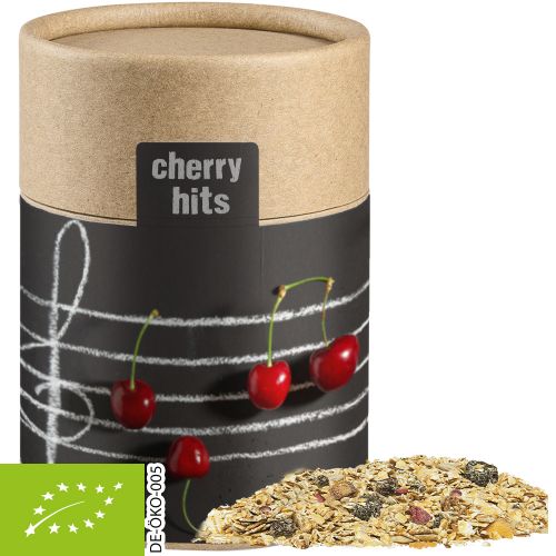 Organic muesli sour cherry, ca. 60g, biodegradable eco cardboard can midi with label