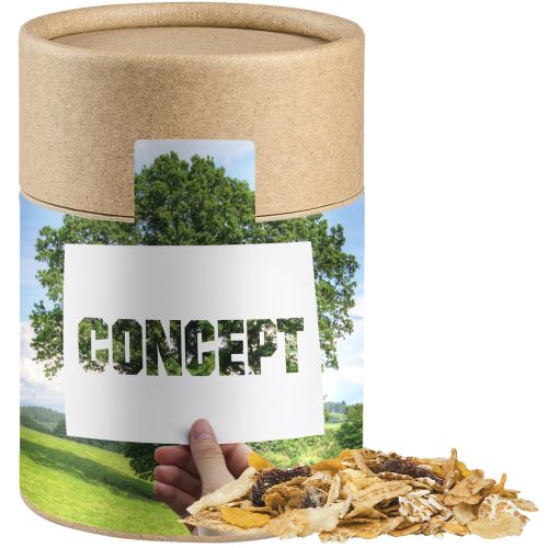 Muesli apple cranberry, ca. 60g, cardboard can midi with label