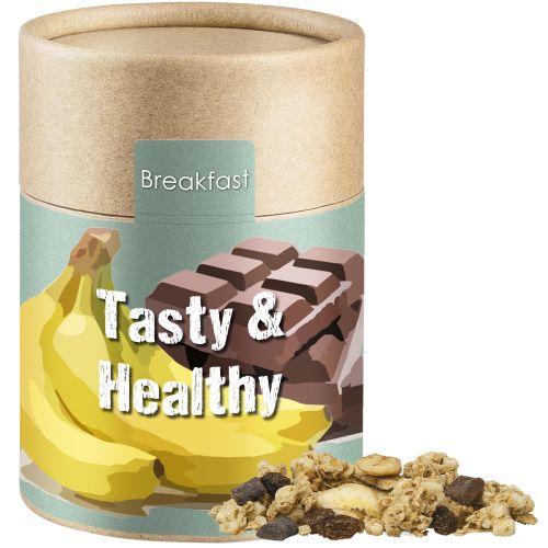 Muesli crunchy banana-choco, ca. 70g, cardboard can midi with label