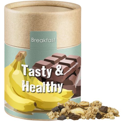 Muesli crunchy banana-choco, ca. 70g, biodegradable eco cardboard can midi with label