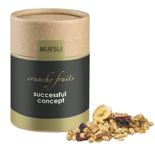 Muesli crunchy fruit, ca. 50g, cardboard can midi with label