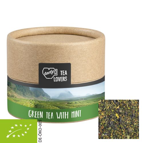 Organic green tea with mint, ca. 10g, cardboard can mini with label