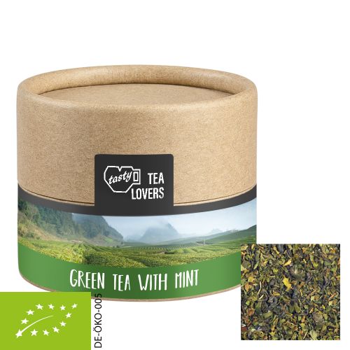 Organic green tea with mint, ca. 10g, biodegradable eco cardboard can mini with label