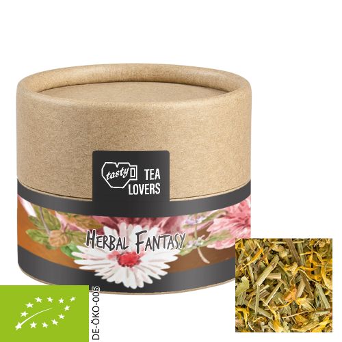 Organic herbal tea herbal fantasy, ca. 9g, biodegradable eco cardboard can mini with label