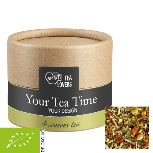 Organic herbal tea four seasons, ca. 9g, biodegradable eco cardboard can mini with label