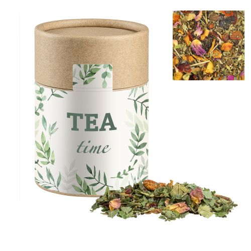 Organic herbal tea happiness, ca. 35g, cardboard can midi with label