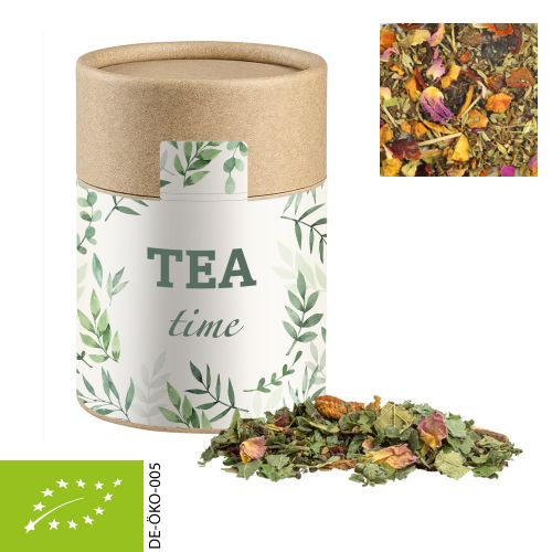 Organic herbal tea happiness, ca. 35g, cardboard can midi with label