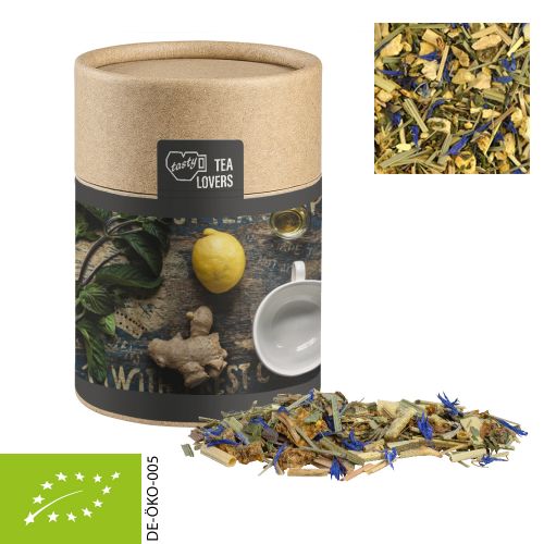 Organic herbal tea lemon ginger, ca. 35g, biodegradable eco cardboard can midi with label