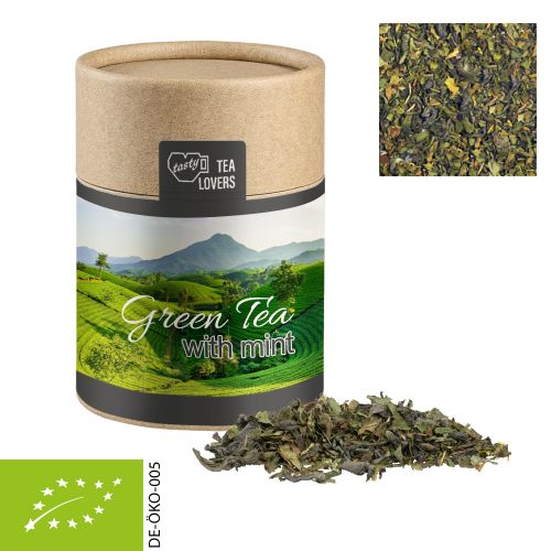 Organic green tea with mint, ca. 30g, cardboard can midi with label