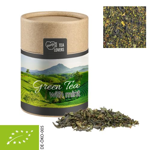Organic green tea with mint, ca. 30g, biodegradable eco cardboard can midi with label