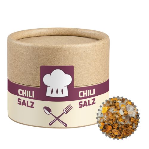 Chili salt, ca. 30g, biodegradable eco cardboard can mini with label