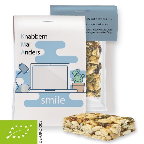 Organic nut mix bar mini, ca. 10g, express flowpack with promotional flyer