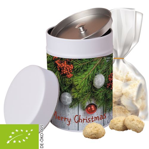 Organic Christmas coconut cookies, ca. 100g, pouch in metal tin maxi with label