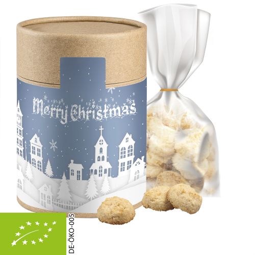 Organic Christmas coconut cookies, ca. 100g, pouch in cardboard can maxi with label