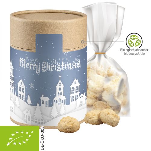 Organic Christmas coconut cookies, ca. 100g, pouch in biodegradable eco cardboard can maxi with label