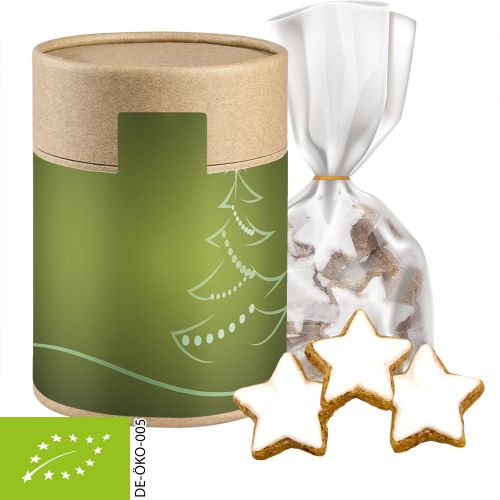 Organic cinnamon stars, ca. 100g, pouch in cardboard can maxi with label