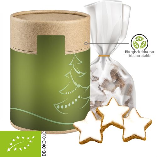 Organic cinnamon stars, ca. 100g, pouch in biodegradable eco cardboard can maxi with label