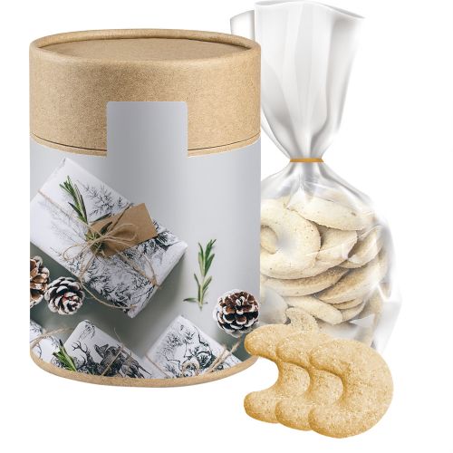 Vanilla crescents, ca. 100g, pouch in cardboard can maxi with label