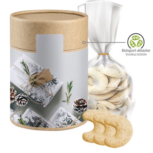 Vanilla crescents, ca. 100g, pouch in biodegradable eco cardboard can maxi with label