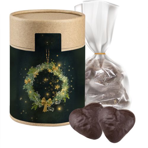 Filled chocolate ginger hearts, ca. 100g, pouch in cardboard can maxi with label