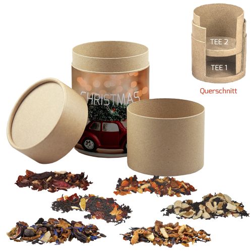 Various Christmas tea sorts organic and non organic, ca. 150g, biodegradable eco double cardboard can maxi with label