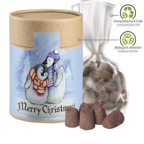 Cocoa truffle, ca. 200g, pouch in biodegradable eco cardboard can maxi with label