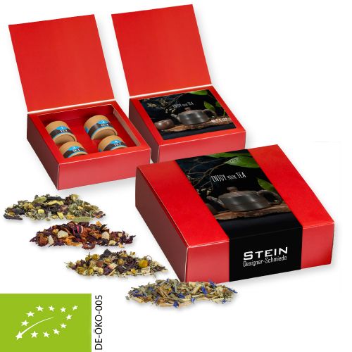 Various tea sorts organic and non organic, ca. 60-140g, express gift set premium with 4 biodegradable eco cardboard can mini with print