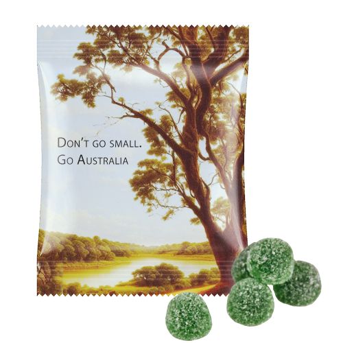 Eucalyptus menthol fruit gummy drops with gelatine, ca. 15g, midi bag