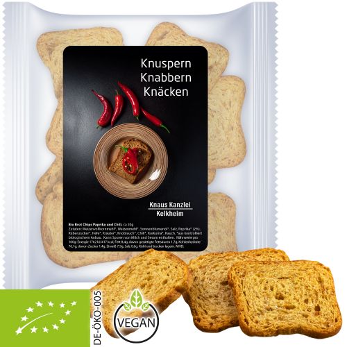 Organic bread chips paprika and chili, ca. 20g, express maxi bag with label