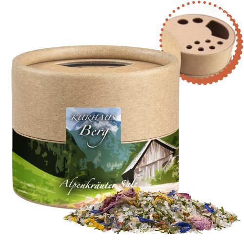 Alpine herbal salt, ca. 50g, biodegradable eco cardboard can mini with label