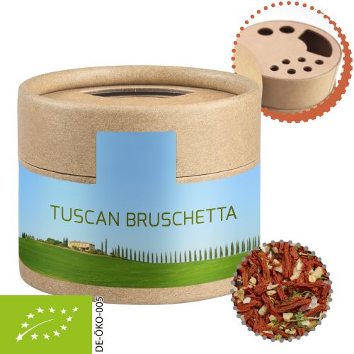 Organic tuscan bruschetta, ca. 28g, cardboard shaker mini with label