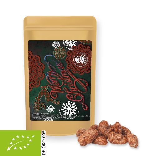 Organic burnt almonds, ca. 30g, mini stand up pouch with label
